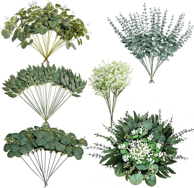 110 Pcs Mixed Artificial Eucalyptus Stems with Baby's Breath, 5 Kinds Faux Greenery Stems Bulk for Wedding DIY Bouquets, Realistic Silk Silver Dollar Eucalyptus Leaves for Vase, Home & Party Decor