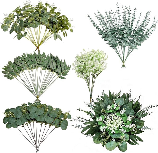 110 Pcs Mixed Artificial Eucalyptus Stems with Baby's Breath, 5 Kinds Faux Greenery Stems Bulk for Wedding DIY Bouquets, Realistic Silk Silver Dollar Eucalyptus Leaves for Vase, Home & Party Decor