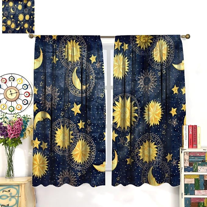 Boho Sun Moon Blackout Window Curtains, Bohemian Golden Sun Moon Stars Print Rod Pocket Window Drapes, for Living Room Bedroom 42x45in 2 Panels