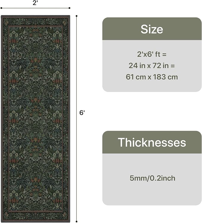 GENIMO 2x6 Washable Runner Rug, Non Slip Hallway Mat, Dark Green | Vintage Floral Stain Resistant Lightweight Low Pile Rug for Entryway, Kitchen, Bedroom and Indoor Decor
