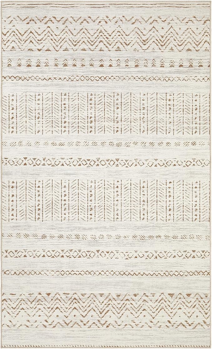 cotiled 3x5 Area Rugs Living Room Rug: Washable Boho Rugs with Non Slip Backing Small Soft Indoor Stain Resistant Carpet for Bedroom Farmhouse Dining Room Lightweight Home Decor Brown/Cream