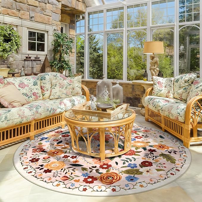 6ft Round Machine Washable Area Rug for Living Room, Beige Pink Vintage Boho Floral Rug Non-Slip Low Pile Soft Faux Wool Carpet Kids and Pets Friendly for Bedroom Nursery Farmhouse Home Decor Rug