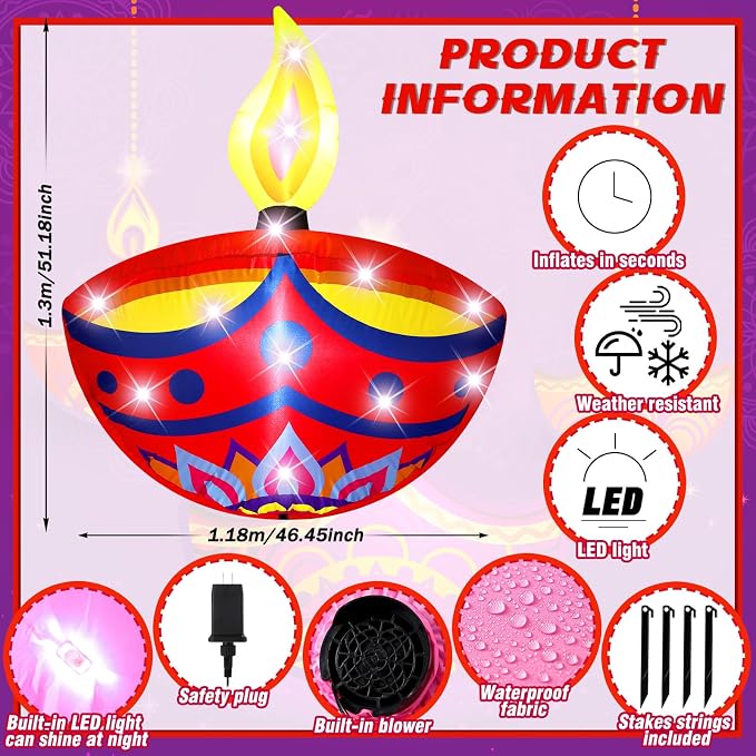 VIHOSE 4.27 ft Happy Diwali Inflatables Outdoor Decorations Diyas Oil Lamp Blow up Yard Decor Tea Light Style Indian Diwali with Built in LED Lights for Hindu Party Deepavali Home Garden Yard Lawn