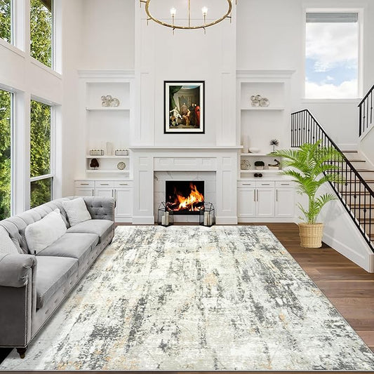 8x10 Area Rugs Washable Rug: Modern Abstract Living Room Rug Soft Anti-Skid Thin Carpet Indoor Floor Non-Shedding Carpets for Bedroom Dining Room Farmhouse Nursery Home Office Grey Brown