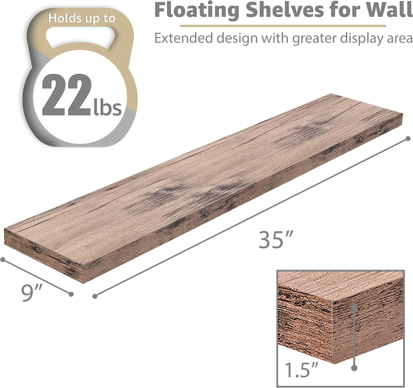 Sorbus Floating Shelves for Wall - 35 Inch Long Bathroom Shelves, Wall Decor for Bedroom, Kitchen, Living Room & Book Storage - Mounted Floating Shelf with Invisible Brackets (Mahogany, 3 Pack)