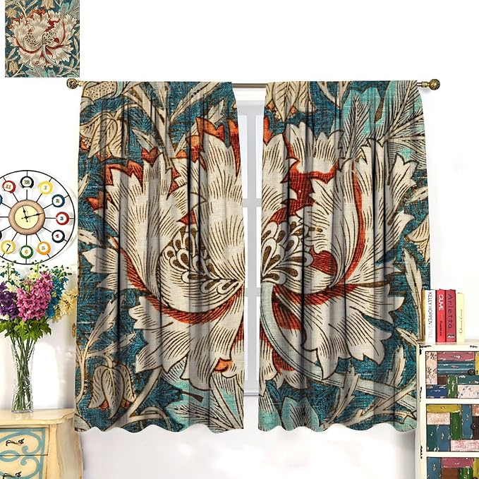 William Morris Plant Floral Blackout Window Curtains, Bohemian Vintage Rustic Flowers William Morris Art Style Window Drapes, for Bedroom Living Room 72x63in