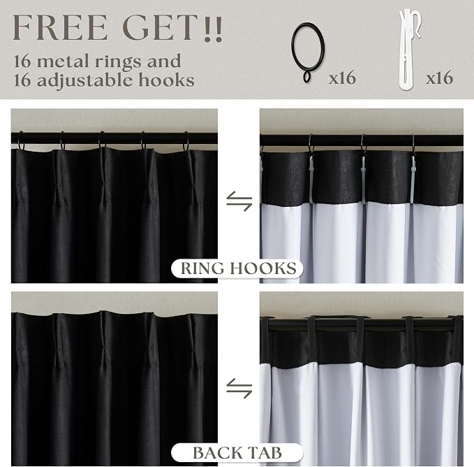 Black Pinch Pleated Linen Blackout Curtains 2 Panels for Living Room Bedroom Thermal Insulated 100% Black Out Linen Drapes with Liner Room Darkening Window Curtains 40x90