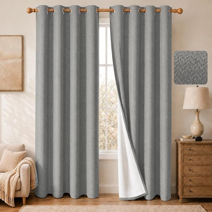 2 Panels 100% Blackout Linen-Textured Curtains, Thick Thermal Insulated Grommet Drapes with Subtle Herringbone Weave, Luxury Decor for Bedroom/Living Room, 54 x 108 Inches, Grey
