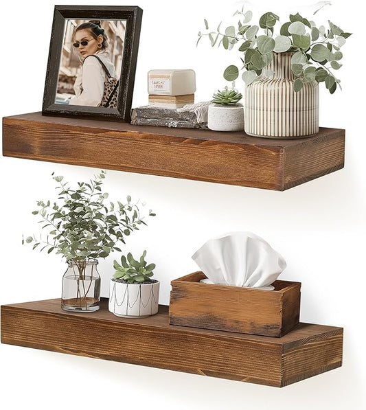 17x6.8x2 Inch Rustic Floating Shelves for Wall Set of 2 - Brown Solid Wood Wall Mounted Shelves with Invisible Bracket, Compact Design for Farmhouse Living Room Bedroom Kitchen Decor