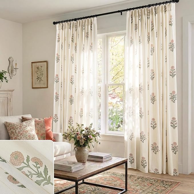 Dusty Rose Pink and Sage Green Floral Whimsical Spring Curtains, 96 Inch Romantic Cottage Lightweight Linen Sheer Pinch Pleated Drapes, Vintage Grandma Core Decor for Living Room Bedroom, 2 Panels Set