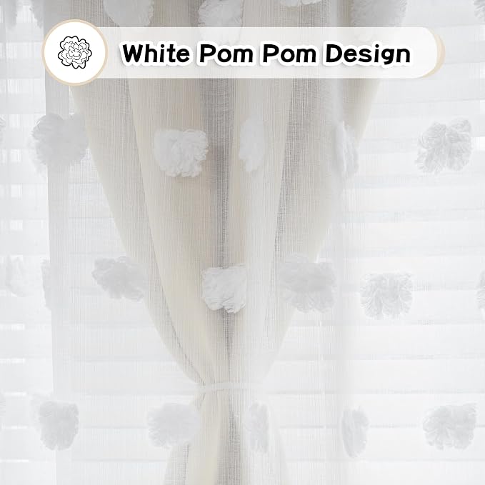 MYSKY HOME Beige Curtains for Living Room 95 Inches Long Nursery Curtains for Bedroom Double Layer Curtains White Pom Pom Sheer Curtains for Dining Room Grommet Room Darkening Window Panels W52 X L95