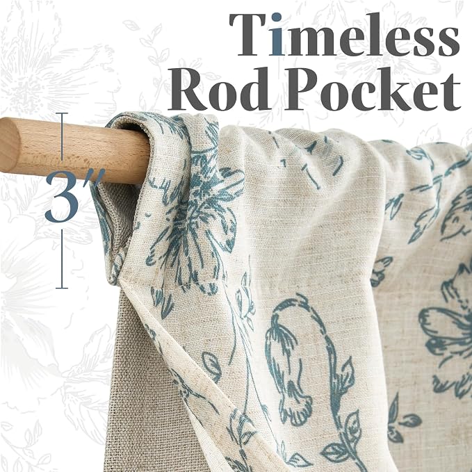 jinchan Linen Kitchen Curtain 36 Inch French Floral Double Layer Curtain Farmhouse Vintage Tier Drape Rustic Half Window Curtain for Living Room Window Treatment Rod Pocket 1 Panel Blue on Beige
