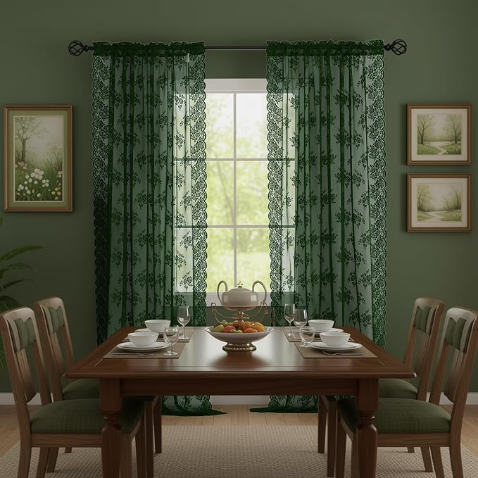 Kotile Hunter Green Sheer Curtains 80 Inches Long 2 Panels Country Rustic Floral Dark Olive Green Lace Curtains for Moody Dark Academia Room, Rod Pocket Privacy Emerald Sheer Drapes, Each 52 x 80 Inch