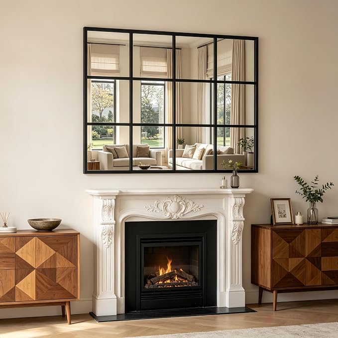 Dewfig Rectangle Window Mirror Wall Mounted, 30"x47"in Window Pane Mirror Wall Decor Metal Framed, Large Black Mirrors for Bedroom Living Room Fireplace Entryway Hanging or Leaning Against Wall,Black
