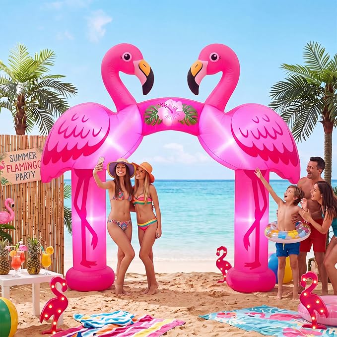 Seenelling 10 FT Inflatable Pink Flamingos Archway Decor Giant Summer Flamingos Arch Built-in LED Lights for Built-in LED Lights for Summer Beach Luau Tiki Theme Pool Party Yard Lawn Decorations