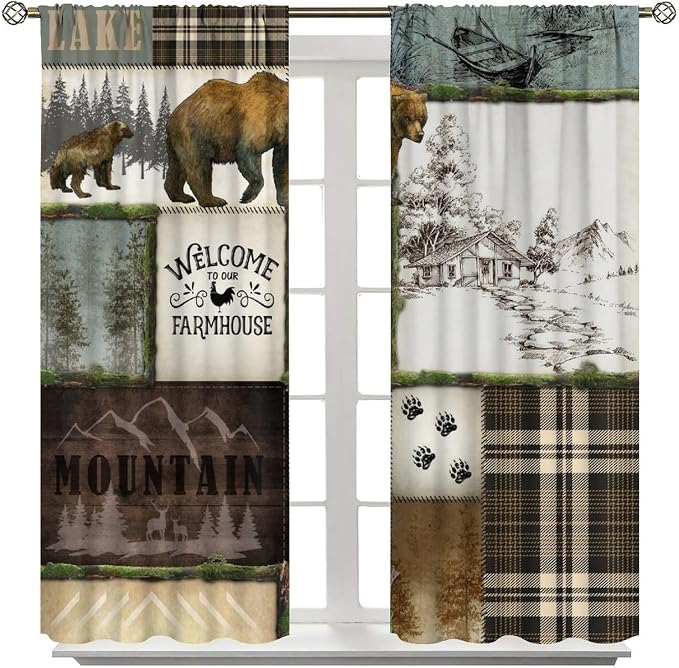 Bear Hunting Curtains Vintage Country Farmhouse Mountains Lake Forest Lattice Hunting Lodge Bear Deer Wildlife Windows Treatments Rod Pocket For Kitchen Living Room Bedroom 42x45in（No Blackout）