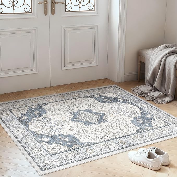 cotiled 3x5 Area Rug Machine Washable Vintage Carpet for Living Room Bedroom Soft Non-Slip Backing Floor Mat Kid & Pet Friendly Stain Resistant Light Blue