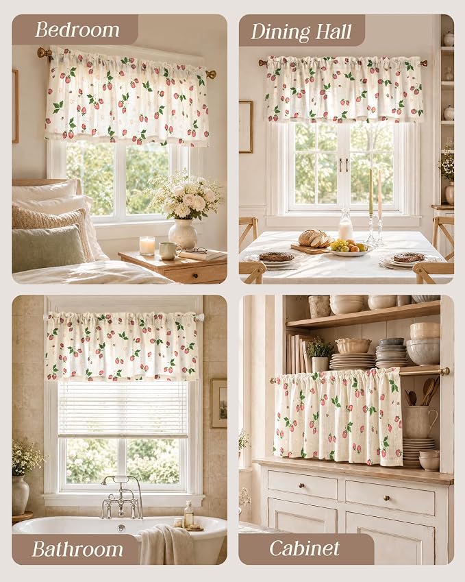 Miss Adola Valance Curtain for Windows - 16 Inch Linen Blend Farmhouse Strawberry Valance for Kitchen Living Room Bedroom Bathroom Short Curtain with Rod Pocket, 1 Panel
