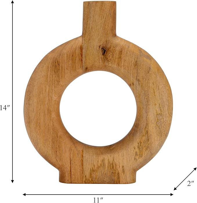 Mango Wood Vase, Modern Donut Vase Design – Accent for Sculptural Display, Decorative Modern Flower Vase – Flower Holder for Stems or Greenery, Living Room or Office Shelf, Home Decor – 14", Brown