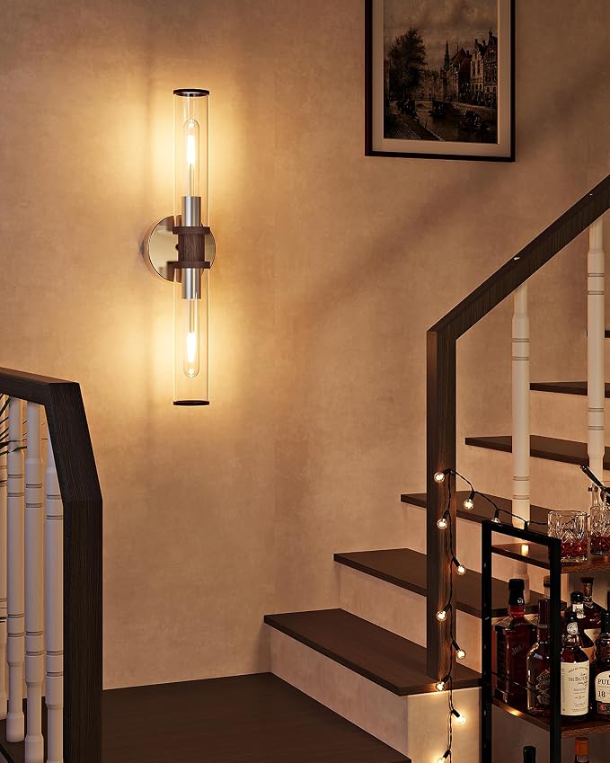 Rayogale Nickel & Walnut Wireless Battery Operated Wall Sconces with Remote | Glass Rechargeable Wall Lights Set of 2 with Timer Function Dimmable for Living Room Bedroom Emergency 3000K, 20.5 Inch