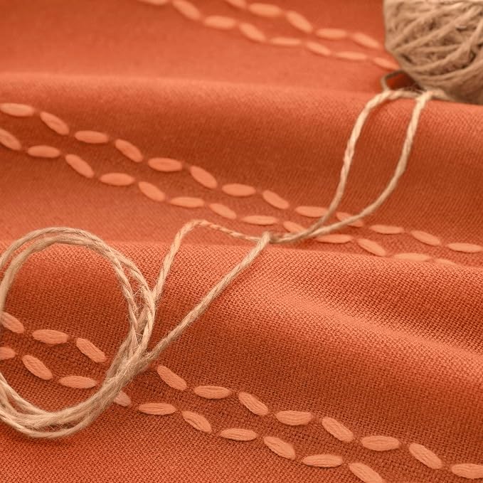 Burnt Orange Boho Blackout Curtains 2 Panels 84 Inch for Living Room Bedroom, Linen Texture Farmhouse Curtains with Tassels and White Cotton Embroidery Vintage Rustic Country Western