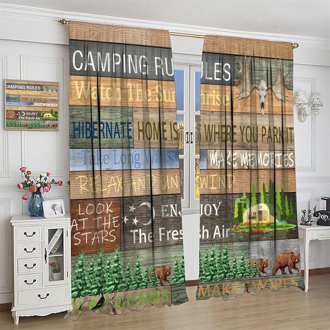 Camping Rules Blackout Curtains for Kitchen Campervan Traveller Outdoor Caravan Decor Rustic Cottage Forest Vintage Plank Background Window Treatments for Farmhouse Bedroom Living Room 52x84in
