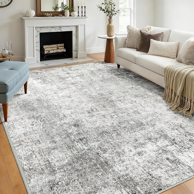 RELEANY Washable Area Rugs 7'x9' Non-Slip Modern Abstract Soft for Living Room Entryway Bedroom Kitchen, Print Pattern, Gray White Grey