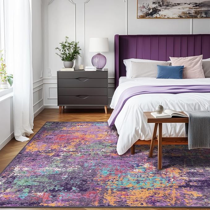 RELEANY Washable Area Rugs 8'x10' Non-Slip Modern Abstract Soft for Living Room Entryway Bedroom Kitchen, Print Pattern, Purple Orange Blue Green Rust Red Colorful