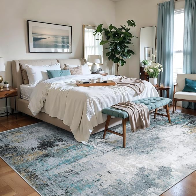Ciicool Modern Abstract Teal Gold Rug for Living Room, 6'x9' Machine Washable Soft Area Rug Non-Slip Rug, Low-Pile Contemporary Indoor Dining Floor Carpet for Bedroom Office Under Table Home Decor