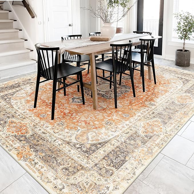 8x10 Area Rugs Washable,Boho Rug for Living Room Bedroom Dining Room,Large Vintage Bohemian Farnhouse Distressed Carpet Non Slip,Retro Orange Grey Floral