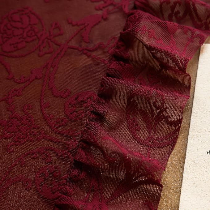 TUDECO Wine Red Kitchen Curtains 54 Inch Length - Pretty Sheer Flower Lace Short Curtains for Bathroom Garage, Ruffled Light Filtering Rod Pocket Burgundy Drapes for Small Window, 59 x 54 Inch