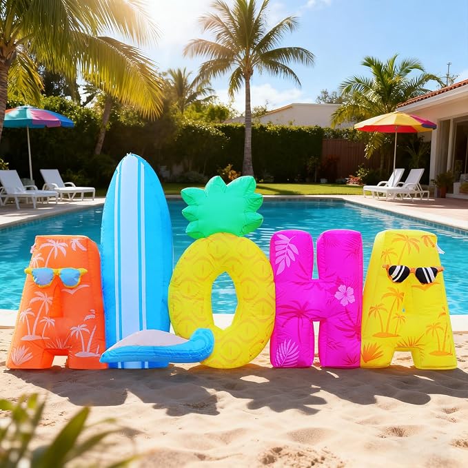 DomKom 6FT Tiki Luau Inflatables, Aloha, Hawaiian Summer Tropical Beach Blow up Party Decor Party Giant Yard Decoration, Outdoor Built-in LED Lights Lawn Holiday Outside