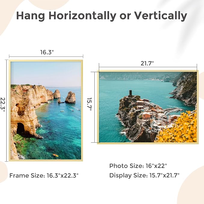 FLYJOE 16x22 Metal Picture Frame - Gold Aluminum Picture Frames with Real Glass, Wall Mounting Horizontally or Vertically, Diploma, Certificates and Decor for Wall Gallery 22x16 Frame, Gold