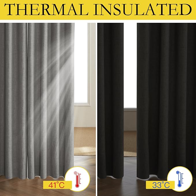 NICETOWN Grizzle Gray Vintage Linen 100% Blackout Curtains for Living Room, Thermal Insulated Curtains 102“ Long, Noise Reducing Window Treatment Drapes for Home Office, 62" Wide Per Panel, Set of 2