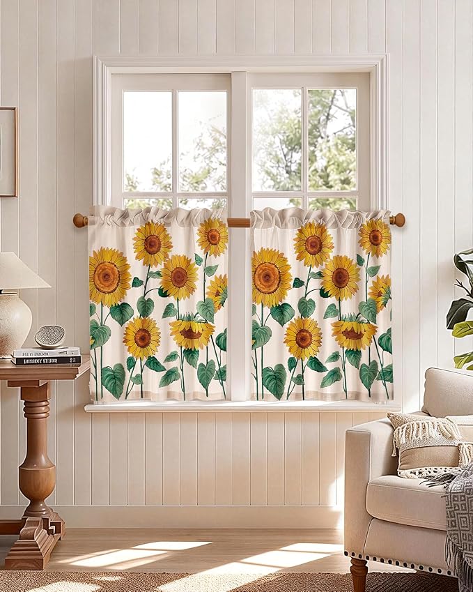 Miss Adola Sunflower Kitchen Tier Curtains - 30 Inch Length Linen Blend Farmhouse Cafe Curtains Floral Small Window Treatments Over Sink Rod Pocket for Bathroom Living Room Light Filtering, 2 Panels