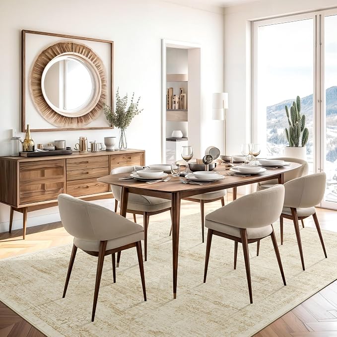 Soalmost 6x9 Area Rug for Living Room Floral Washable Non-Slip Modern Rugs for Bedroom Dinning Room Ultra-Thin Indoor Beige