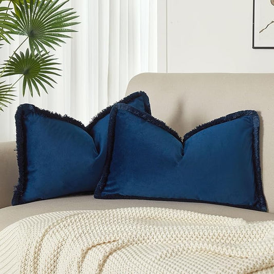 JUSPURBET Pack of 2 Navy Blue Decorative Fringe Velvet Throw Pillow Covers 16x24 for Home Decor Living Room Bedroom Car Boho Soft Cushion Cover with Hidden Zipper Machine Washable