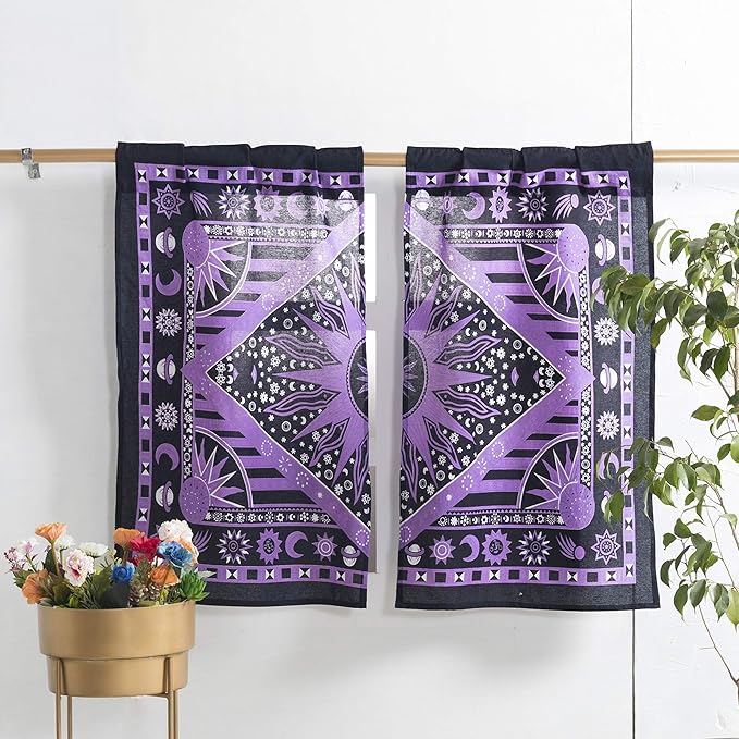 Popular Handicrafts Indian Burning Sun Hippie Mandala Kitchen Window Curtains - Gypsy Bohemian Sun Moon Beautiful Drapery Bedroom Living Room Balcony Valance Panels Purple