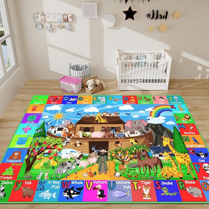 ABC Kids Rug for Playroom 110×78.7 in Noah's Ark Animals Rug Play Mat Alphabet Playmat Shape Color Classroom Carpet Kids Playroom Early Learning Carpet for Preschool Tummy