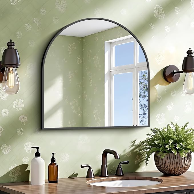 CIRCUMI Arched Wall Mirror, 24"x24" Black Arched Mirror with Tempered Glass, Metal Frame, Large Size for Entryway Table, Mantel,Living Room,Over Sink,Arch Mirror for Decor,Shatterproof&Crystal-Clear