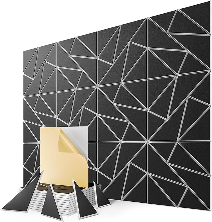 12-Pack Felt Acoustic Panels,12"x12"x0.4" Soundproof Wall Panels, Peel & Stick Sound Proof Foam Panels for Walls, Geometric Noise Reduction Panels for Home Office,Studio (Black on White)