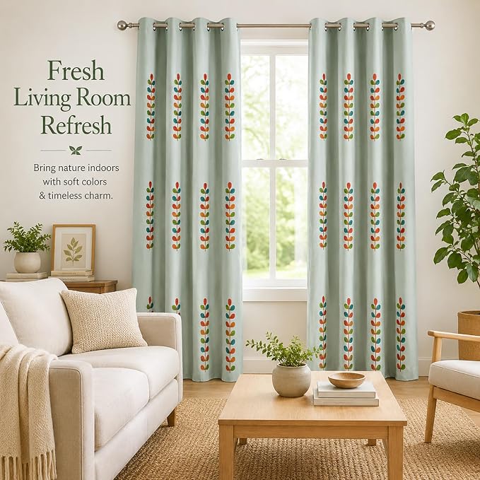 VOGOL Country Style Curtains for Bedroom, Leaf Embroidered Linen Textured Drapes for Living Room, Thermal Insulated Grommet Window Curtain for Bathroom, 59 x 79, 2 Panels, Blue