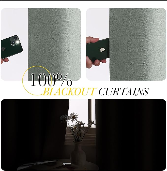 NICETOWN Sage Green Curtains 100% Blackout, W52 x L84 in, Linen Textured Draperies for Bedroom, Privacy Protection & Noise Reducing Drapes, Insulated Window Treatments for Farmhouse, 2 Panels