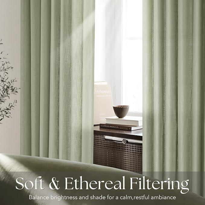 Sage Green Pinch Pleated Linen Curtains 72 Inch Length 2 Panels for Living Room Bedroom Textured Semi Sheer Drapes Pinch Pleat Rings Window Curtain 40x72