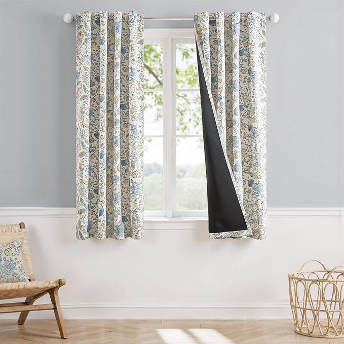 Vangao Blue Nursery Curtains for Girls Room Floral Blackout Curtains 63 Inch Length Farmhouse Drapes for Bedroom Room Darkening Flower Patterned Window Treatment for Kids Set of 2