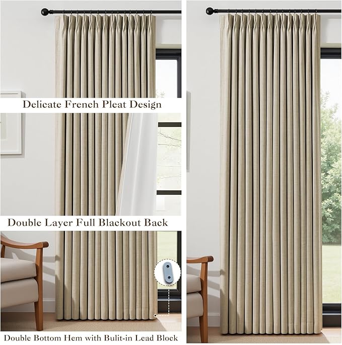 IVAPUPU Sand Pinch Pleated Full Blackout Linen Curtains for Bedroom, Black Out Curtains 108 Inches Long for Living Room Darkening Thermal Insulated Neutral Pleat Drapes with 16 Hooks, 2 Panels