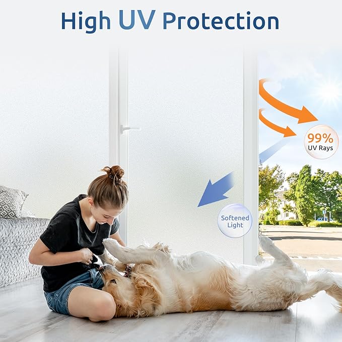 rabbitgoo Window Privacy Film for Glass Windows with Kit Decorative Clings UV Blocking Heat Control Static Cling Removable Bathroom Bedroom Door Home Coverings Pure, 23.6 x 118.1 inches