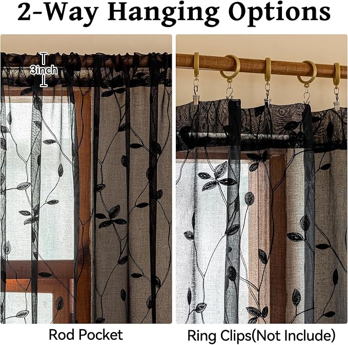 AmHoo 2 Panels Embroidered Leaf Pattern Semi Sheer Curtains Foliage Floral Voile Window Draperies Treatment for Bedroom Living Room Rod Pocket Black 53 x 95 Inch