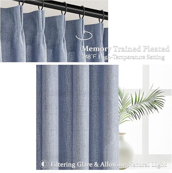 Extra Long 108 Inch Dusty Blue Pleated Linen Light Filtering Sheer Curtains