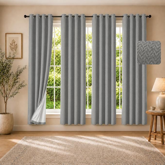 4 Panels 100% Blackout Linen-Textured Curtains, Thick Thermal Insulated Grommet Drapes with Subtle Herringbone Weave, Luxury Decor for Bedroom/Living Room, 54 x 72 Inches, Grey